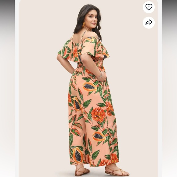 BloomChic Plus Size Citrus Fruit Print Belted Ruffle Trim Jumpsuit - Picture 2 of 6